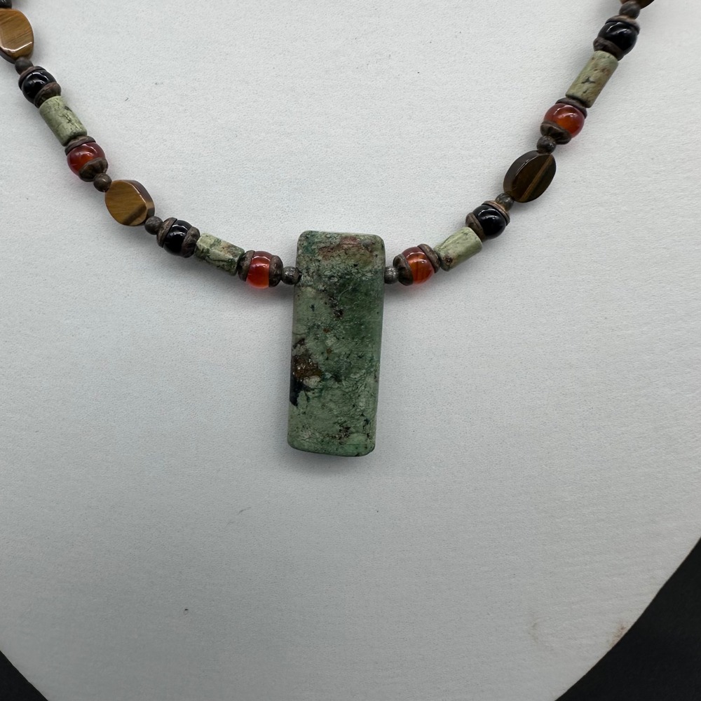 Michal Golan Vintage 1980s Necklace Green Jasper Tigers Eye Stone Mixed Bead